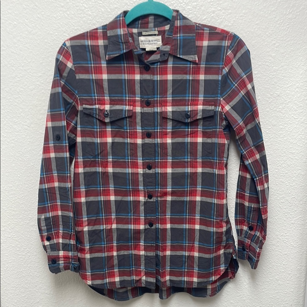 Ralph Lauren Denim Supply Surplus Junior’s Small Gray Blue Red Plaid Shirt
